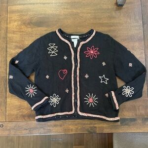 Christopher & Banks Hand Embroidered M Cardigan Sweater Aztec Black Vintage 2002